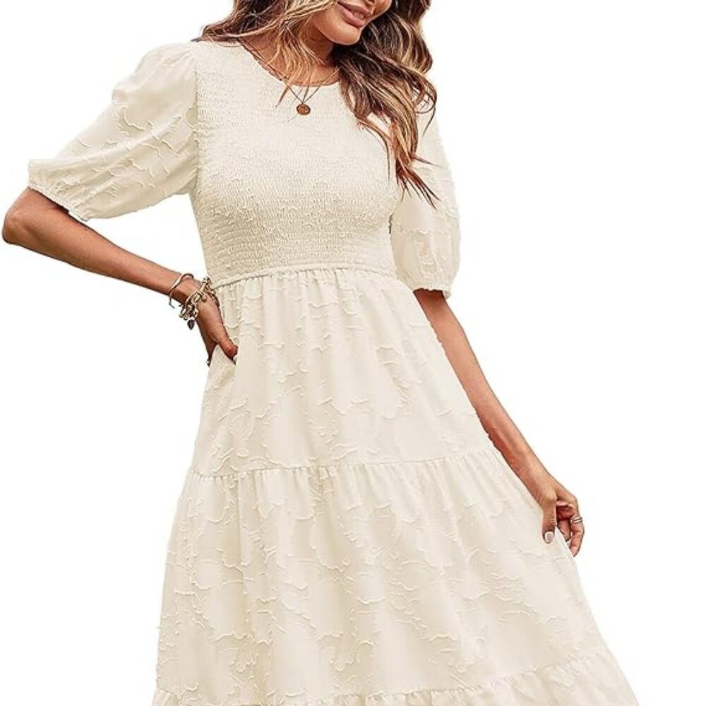Women's 2024 Summer Puff Sleeve Smocked Floral Dress Crewneck Lace Flowy Tiered